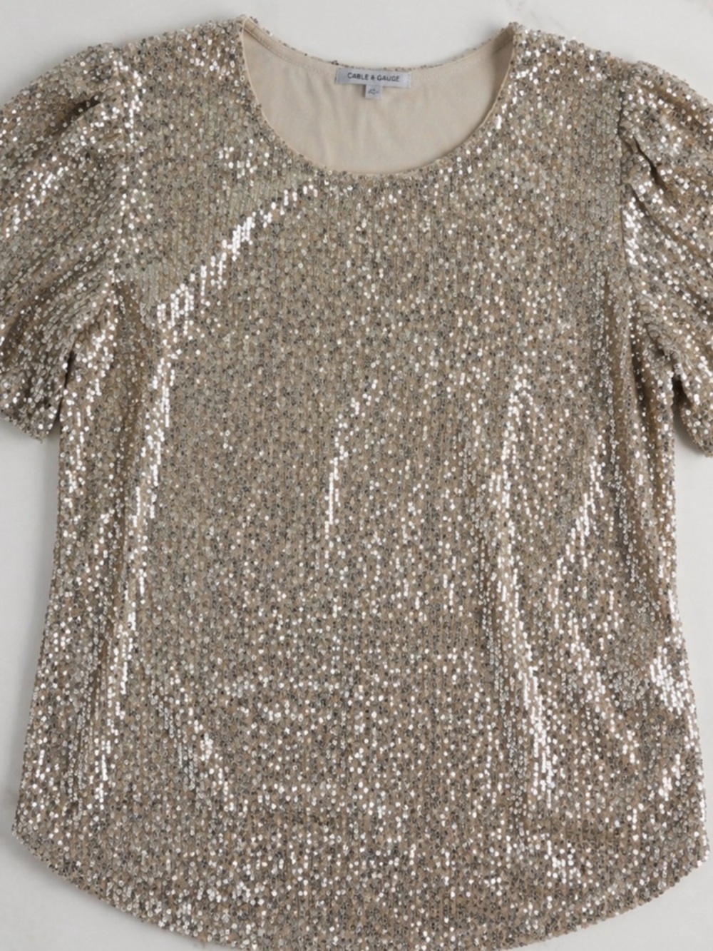 Cable & Gauge champagne Sequin Short Sleeve Top